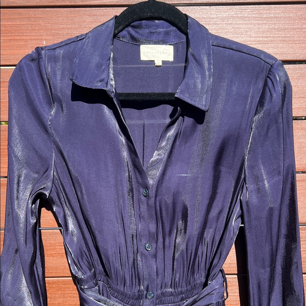 Elegant Shiny Navy Blue Women's Dress - Picture 2 of 6